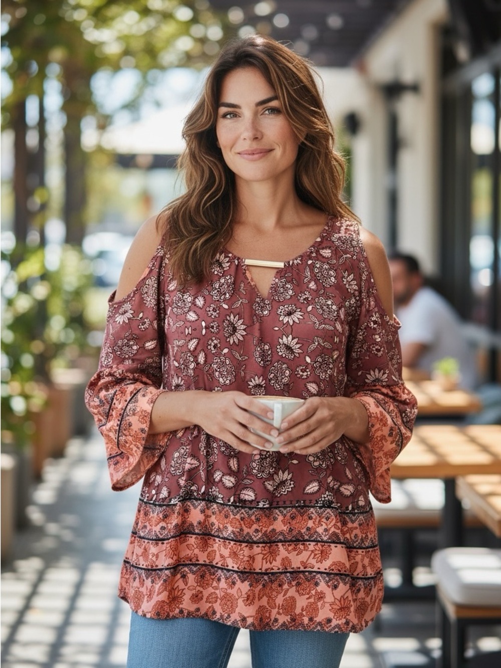 🫶🏻 Mileage Cold-Shoulder Floral Blouse in Dusty Rose and Light Orange